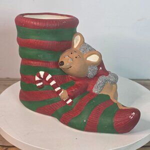 Cute Christmas Mouse & Striped Boot Planter Décor